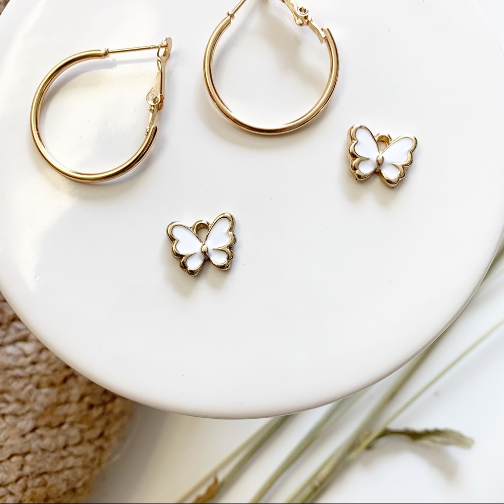 White Butterfly Gold Hoop Charm Earrings